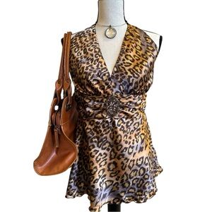 Bisou Bisou Y2K Glam Animal Print Satin Halter Top | Size 8